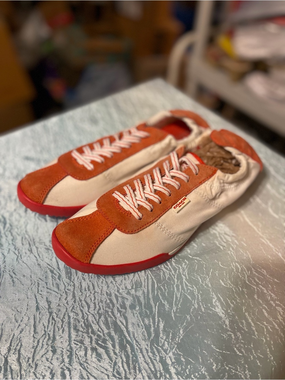 Coach White and Orange Suede Lace-Up Sneaker - Picture 6 of 8